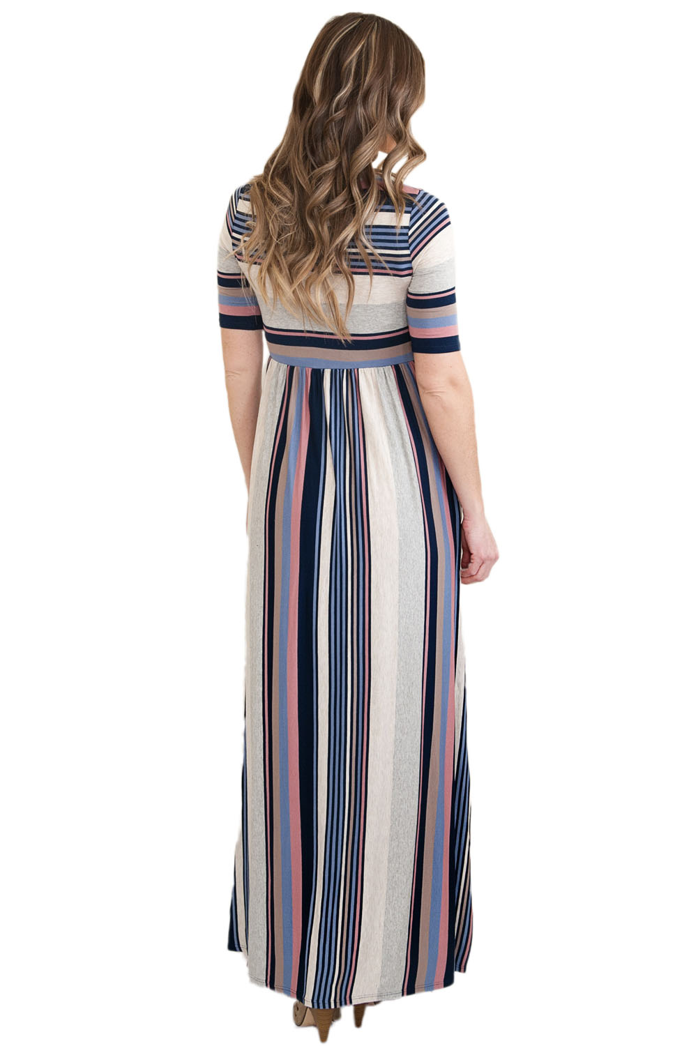 BY61660-5 Muted Multicolor Striped Half Sleeve Casual Maxi Dress